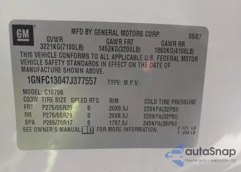 2007 Chevrolet Tahoe Ltz z USA, uszkodzony, nr VIN 1GNFC13047J377557